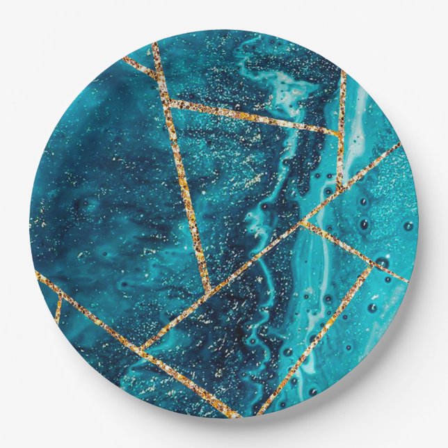 Stylish Navy Blue Gold Agate Geode Chic Monogram Paper Plate (Front)