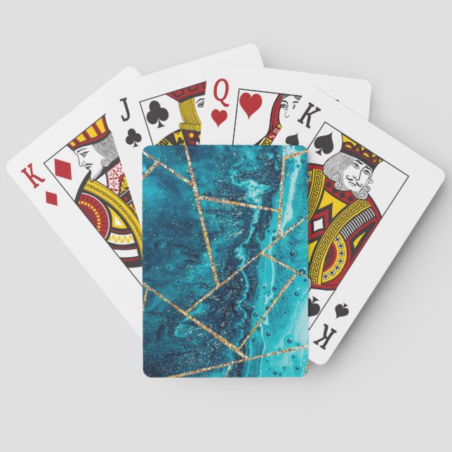 Stylish Navy Blue Gold Agate Geode Chic Monogram Playing Cards (Back)