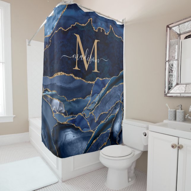 Stylish Navy Blue Gold Agate Geode Chic Monogram Shower Curtain (In Situ)
