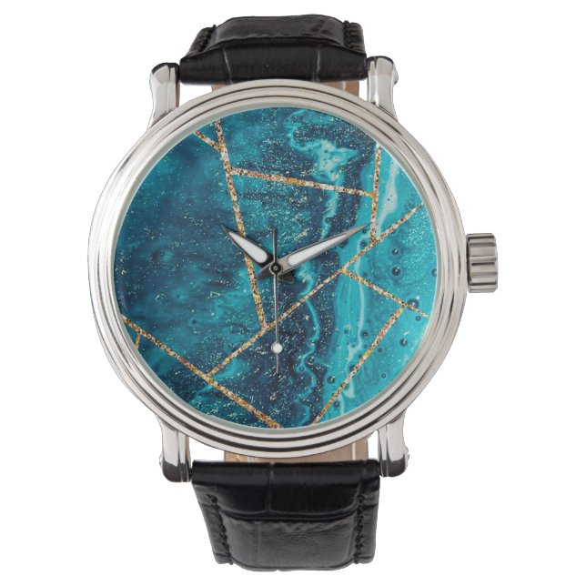 Stylish Navy Blue Gold Agate Geode Chic Monogram Watch (Front)