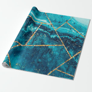 Stylish Navy Blue Gold Agate Geode Chic Monogram Wrapping Paper