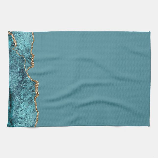 Stylish Navy Blue Gold Agate Geode Chic Tea Towel (Horizontal)