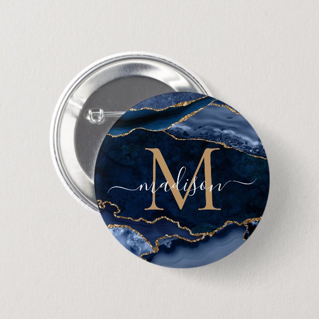 Stylish Navy Blue Gold Agate Geode Girly Monogram 6 Cm Round Badge (Front & Back)