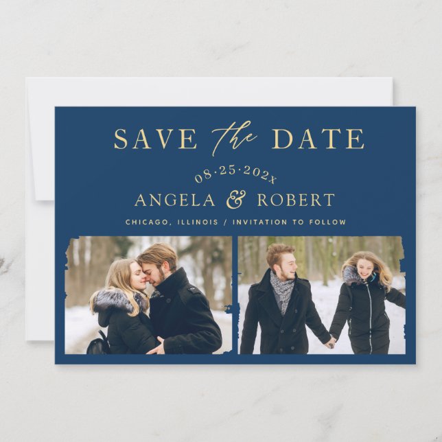 Stylish Navy Blue Gold Brush Stroke Frame 2 Photo Save The Date (Front)