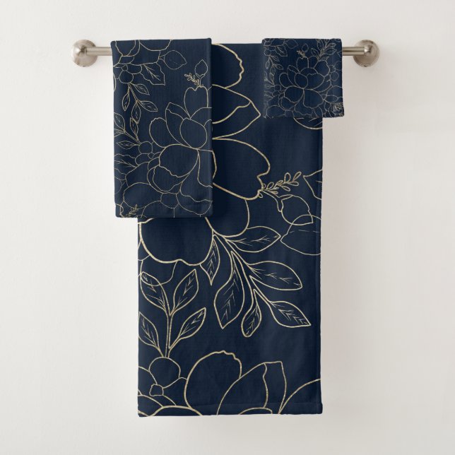 Stylish navy blue gold hand drawn floral bath towel set (Insitu)