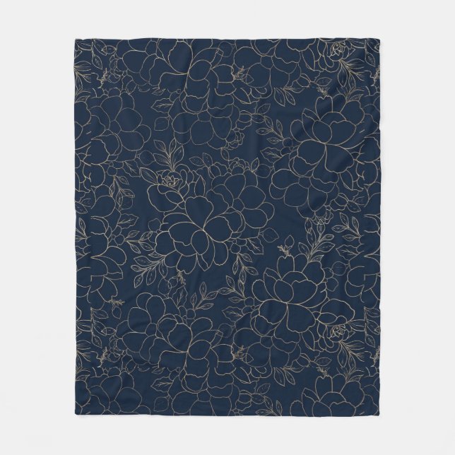 Stylish navy blue gold hand drawn floral fleece blanket (Front)