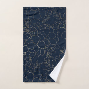 Stylish navy blue gold hand drawn floral hand towel