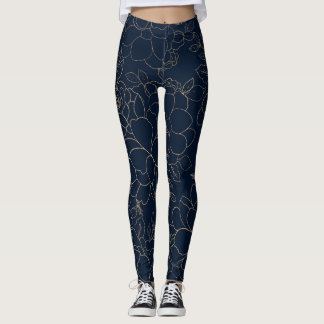 Stylish navy blue gold hand drawn floral leggings