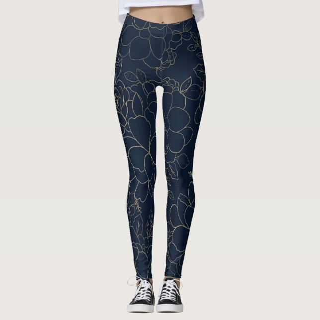 Stylish navy blue gold hand drawn floral leggings (Front)