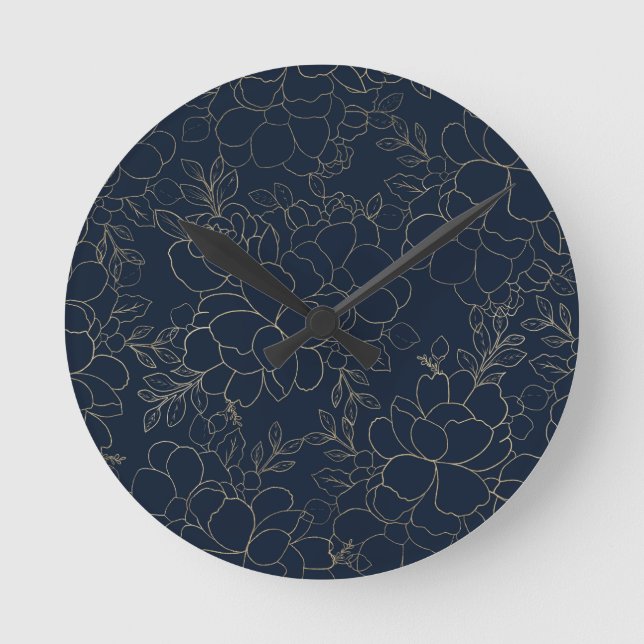 Stylish navy blue gold hand drawn floral round clock (Front)
