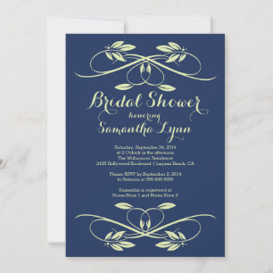 Stylish Navy Blue Leaf Flourish Bridal Shower Invitation