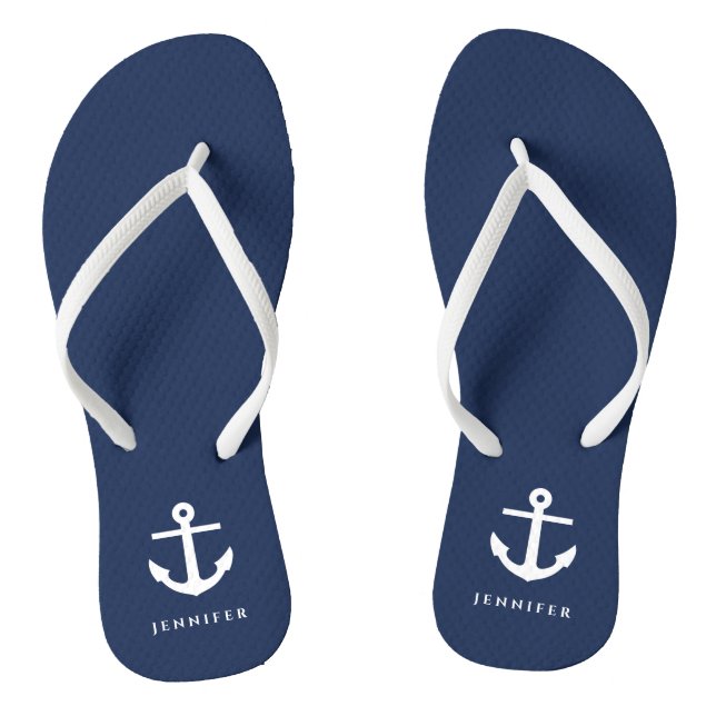 Stylish Navy Blue Nautical Anchor Custom Name  Flip Flops (Footbed)
