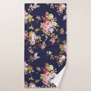 Stylish navy blue pink gold boho floral bath towel
