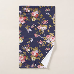 Stylish navy blue pink gold boho floral hand towel