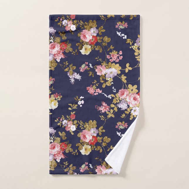 Stylish navy blue pink gold boho floral hand towel (Hand Towel)