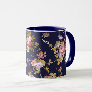 Stylish navy blue pink gold boho floral mug