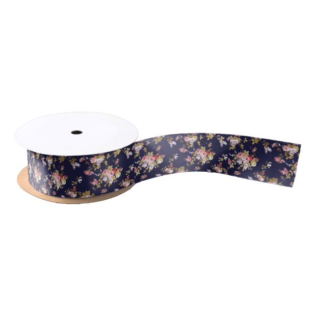 Stylish navy blue pink gold boho floral satin ribbon (Spool)