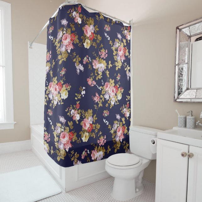 Stylish navy blue pink gold boho floral shower curtain (In Situ)