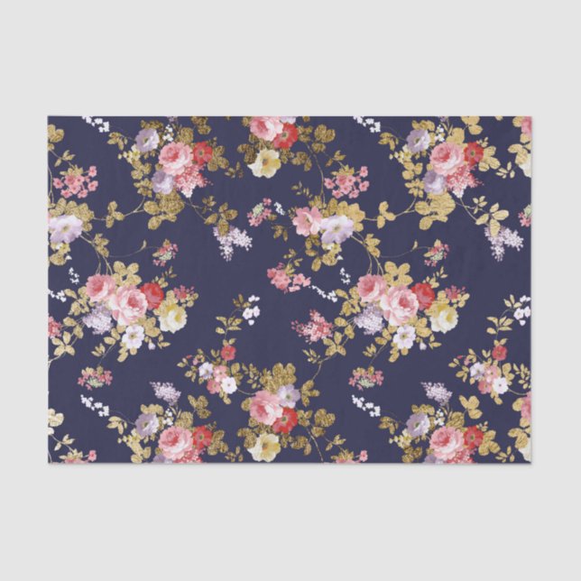 Stylish navy blue pink gold boho floral tissue paper (Front)