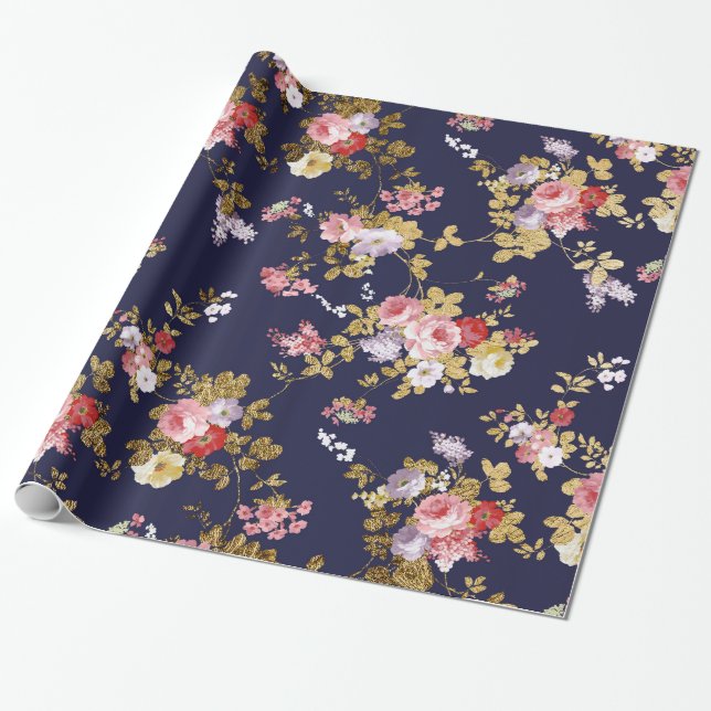 Stylish navy blue pink gold boho floral wrapping paper (Unrolled)