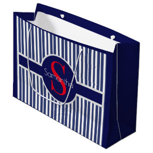 Stylish navy blue red striped initial monogram large gift bag