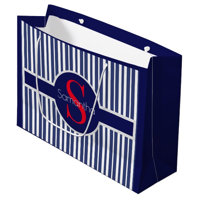 Stylish navy blue red striped initial monogram large gift bag (Front Angled)