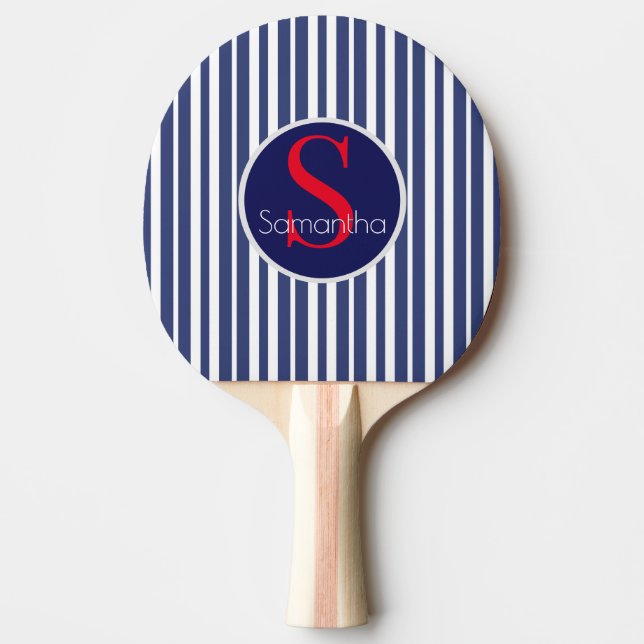 Stylish navy blue red striped initial monogram ping pong paddle (Front)