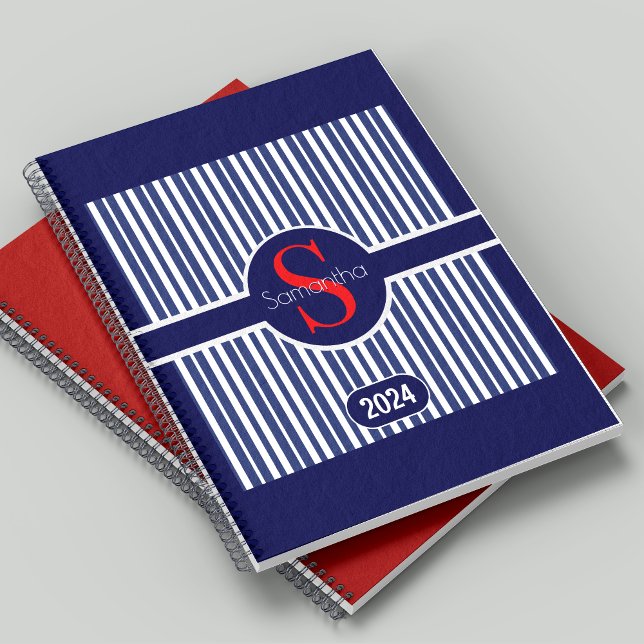 Stylish navy blue red striped initial monogram planner (Creator Uploaded)