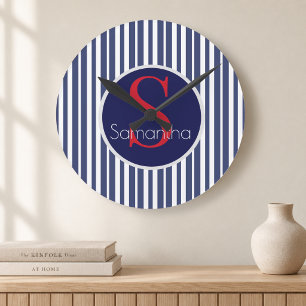 Stylish navy blue red striped initial monogram round clock