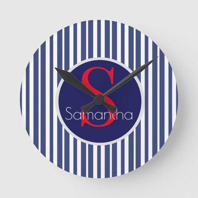 Stylish navy blue red striped initial monogram round clock (Front)