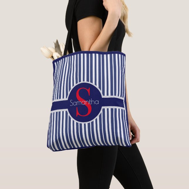 Stylish navy blue red striped initial monogram tote bag (Close Up)