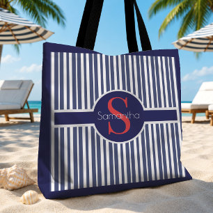 Stylish navy blue red striped initial monogram tote bag