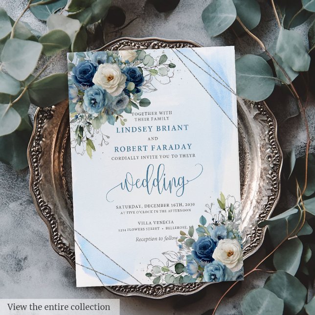 Stylish Navy Blue Silver White Roses Wedding  Invitation (Stylish Navy Blue Silver White Roses Wedding Invite)