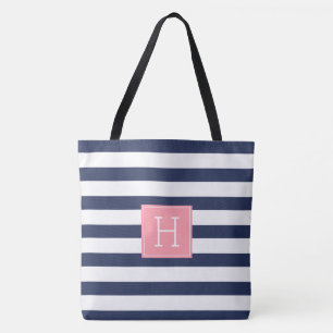 Stylish Navy Blue Stripes and Coral Monogram Tote Bag