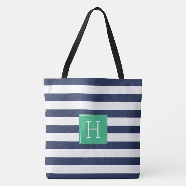 Stylish Navy Blue Stripes and Green Monogram Tote Bag (Front)