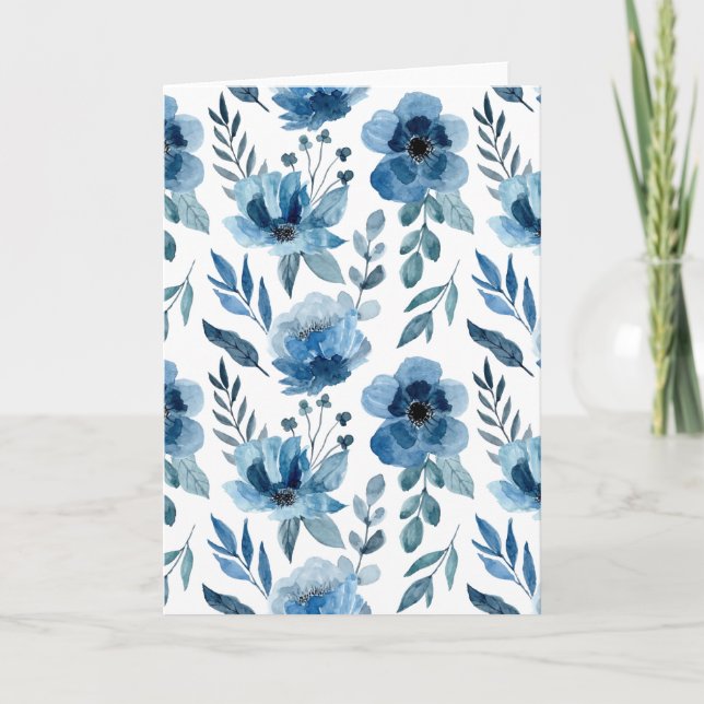 Stylish Navy Blue Watercolor Flowers Blank Card (Front)