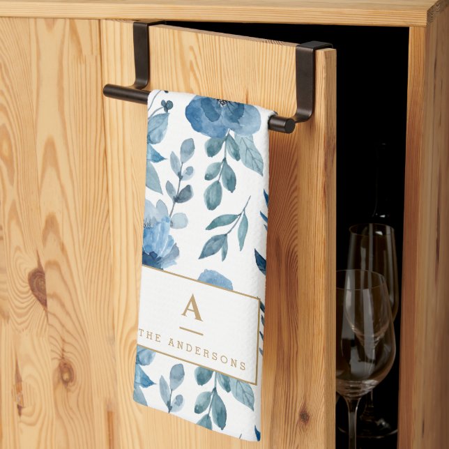 Stylish Navy Blue Watercolor Flowers Monogram Tea Towel (Thirds Fold)