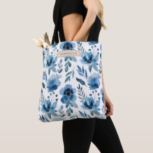 Stylish Navy Blue Watercolor Flowers Pattern  Tote Bag