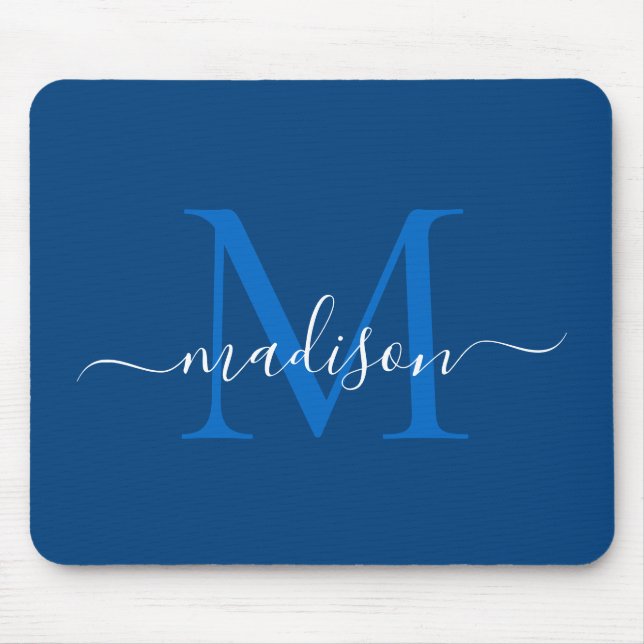 Stylish Navy Blue White Monogram Script Modern Mouse Mat (Front)