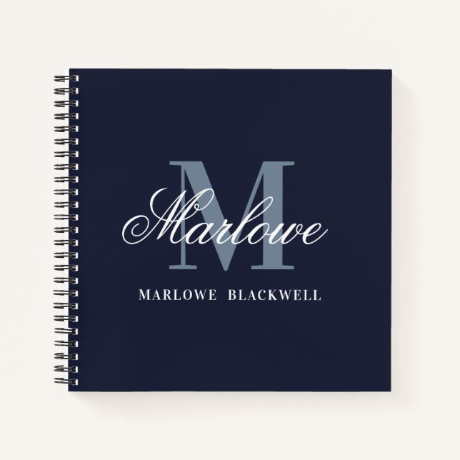Stylish Navy Dusty Blue Monogram Calligraphy Notebook (Front)