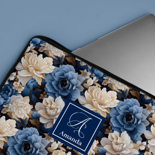 Stylish Navy Flowers Blue Floral Laptop Sleeve
