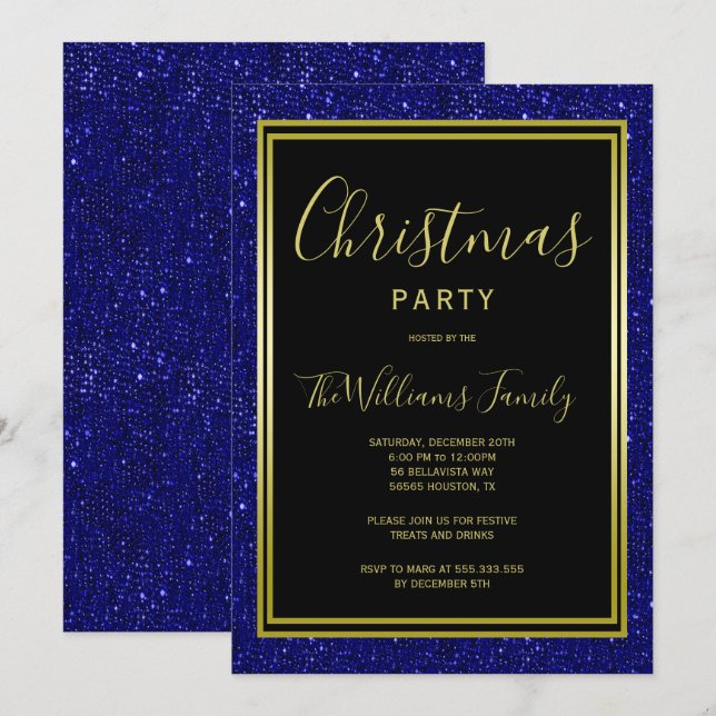 Stylish Navy Glitter, Gold Framed Christmas Party Invitation (Front/Back)