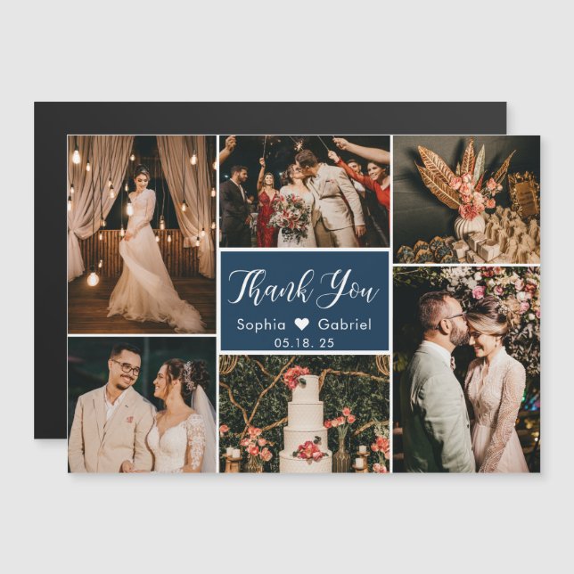 Stylish Navy Photo Collage Wedding Thank You  (Front/Back)
