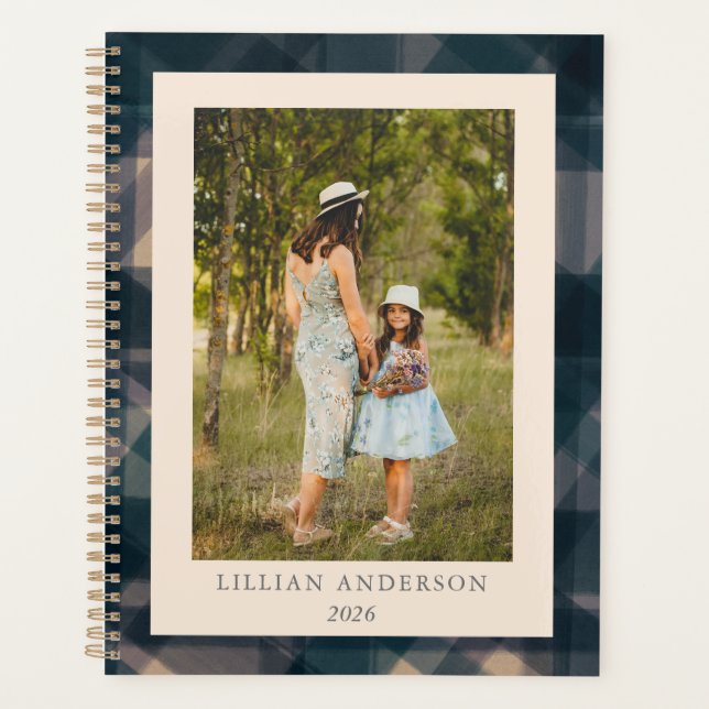 Stylish Navy Plaid Personalised Photo 2022  Planner (Front)