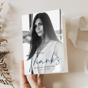 Stylish Navy Script Photo Graduation Thank You Card