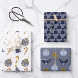 Stylish Navy Spot Christmas  Bauble Mix Trio Wrapping Paper Sheet