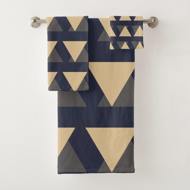Stylish Navy Tan and Gold Modern Geometric Pattern Bath Towel Set (Insitu)