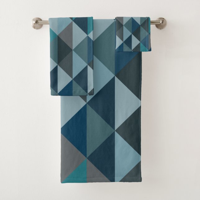 Stylish Navy Teal Blue Modern Geometric Pattern Bath Towel Set (Insitu)