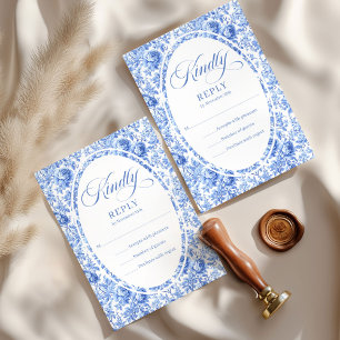 Stylish Navy Toile Roses Custom Wedding RSVP Card