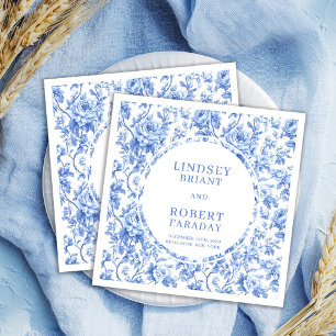 Stylish Navy Toile Roses Personalized Wedding Napkin